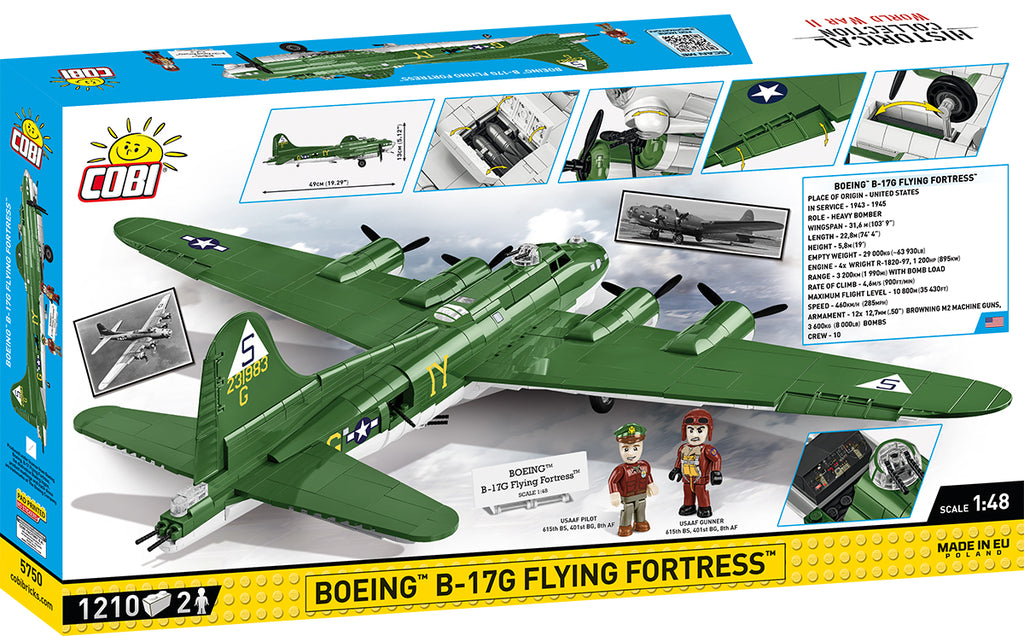 Cobi Boeing B-17G Flying Fortress model kit packaging with toy airplane and figures.
