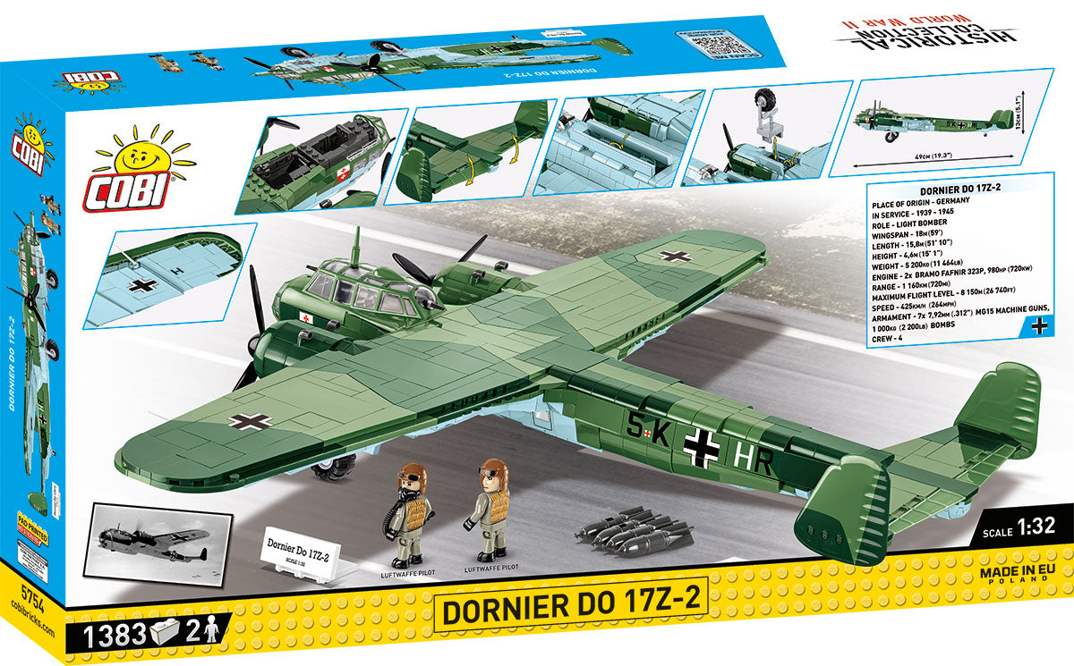 Cobi Dornier DO 17Z-2 model kit packaging with green airplane and soldiers on a gray background