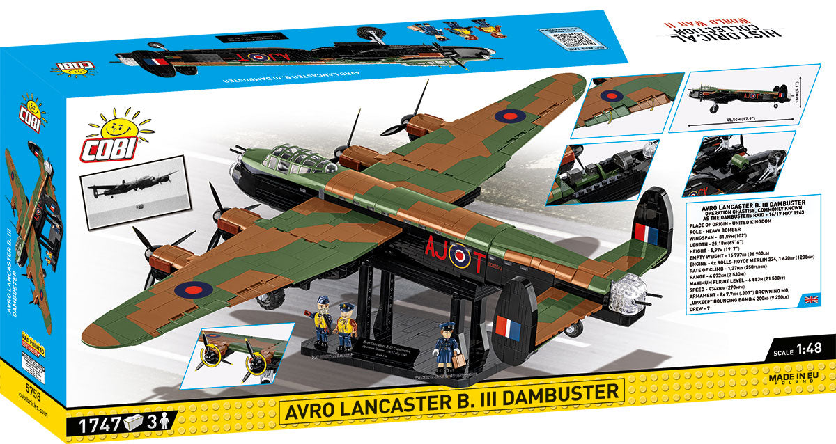 Avro Lancaster B. III Dambuster model kit packaging with detailed illustrations and COBI branding.