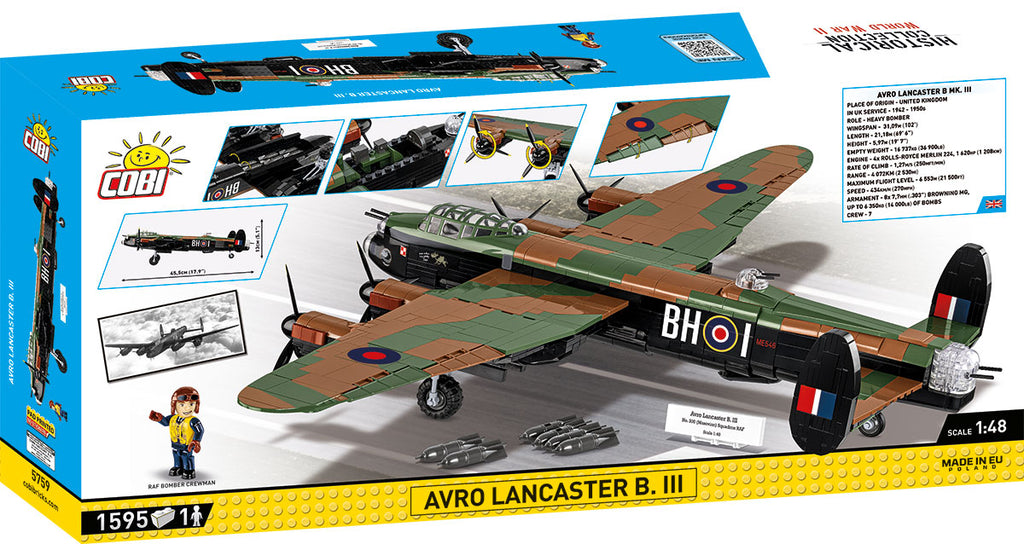 Cobi Avro Lancaster B. III model kit packaging with airplane illustration and COBI branding.