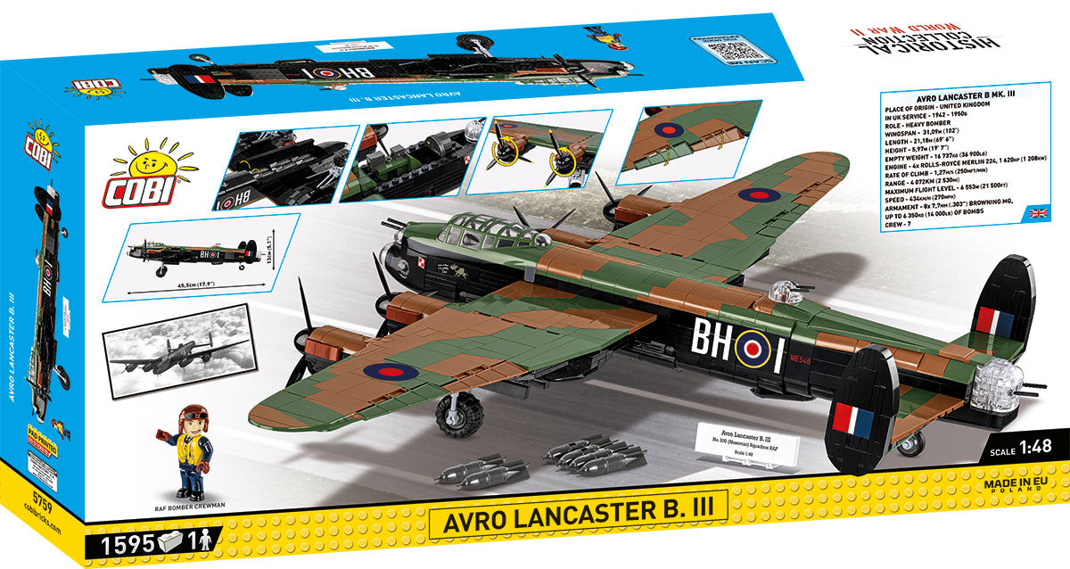 Cobi Avro Lancaster B. III model kit packaging with airplane illustration and COBI branding.