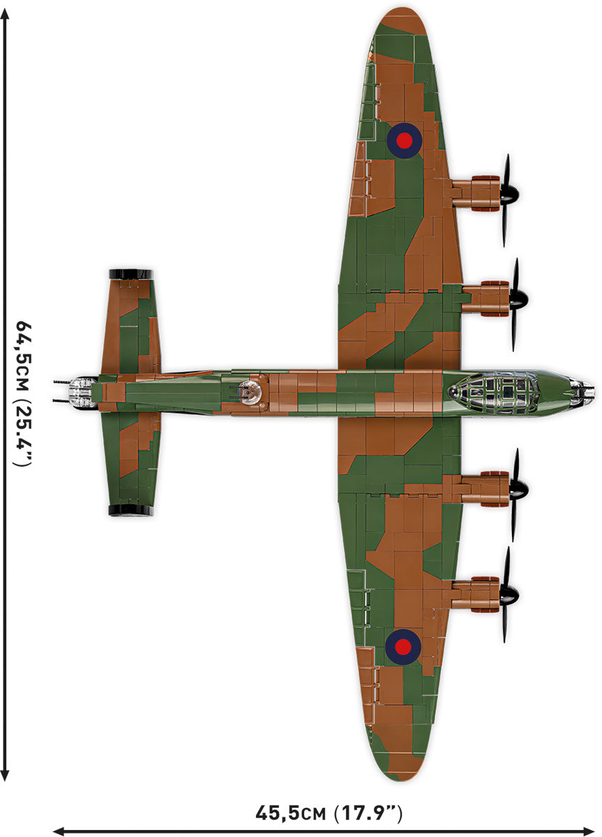 COBI 5759 Model airplane with camouflage pattern and propellers, shown with dimensions on a white background.