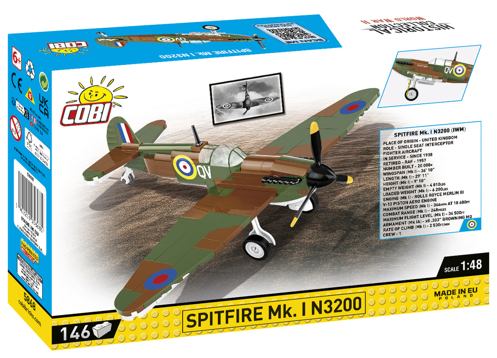 Cobi Spitfire Mk. I N3200 model kit packaging with airplane illustration and COBI branding.