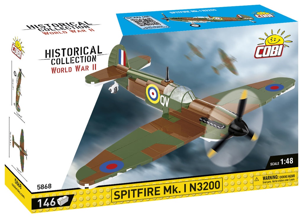 Boxed model kit of a Spitfire Mk. I N3200 with Cobi branding and World War II theme.