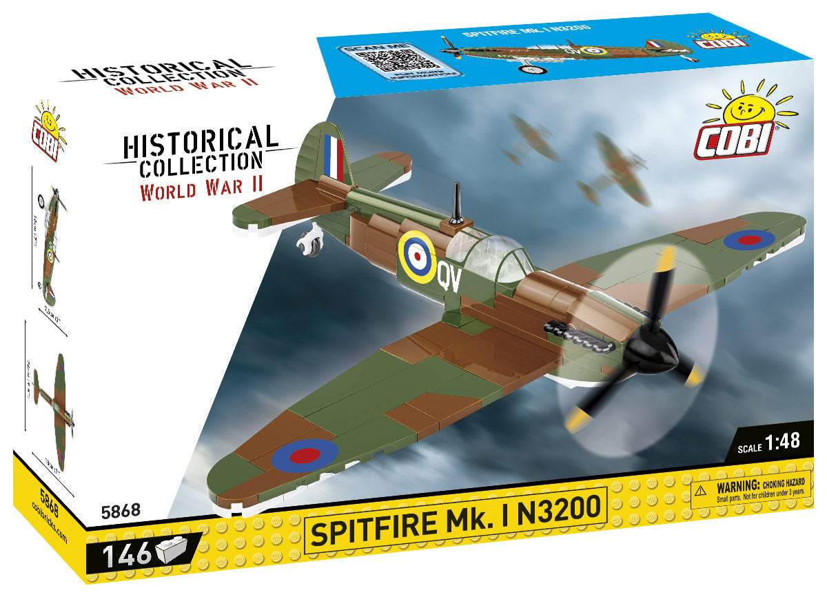 Boxed model kit of a Spitfire Mk. I N3200 with Cobi branding and World War II theme.