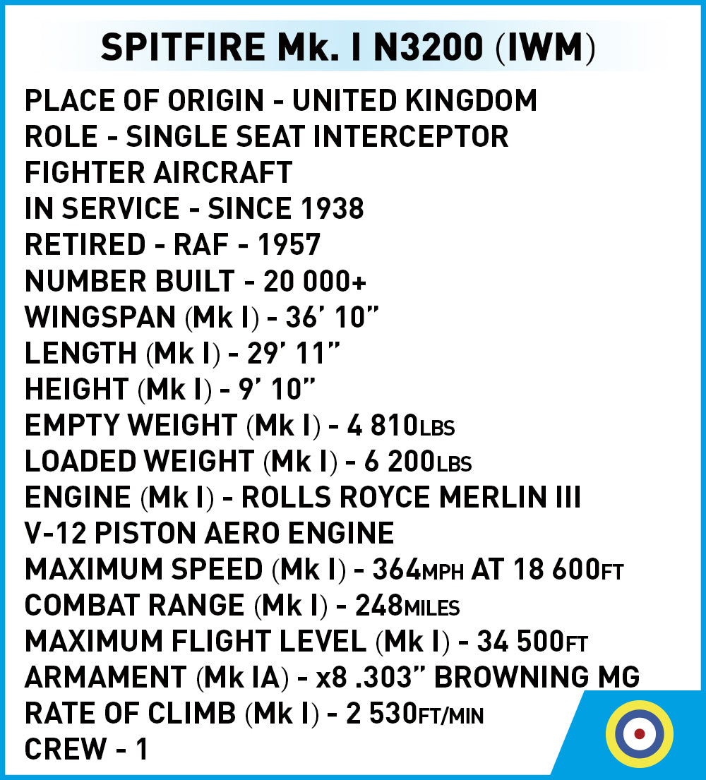 Image of COBI Spitfire Mk. 1 technical specification